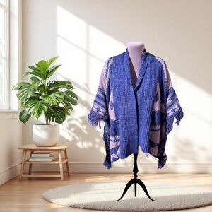 Lauren Ralph Lauren Southwest Aztec wool linen geometric fringed sweater poncho.